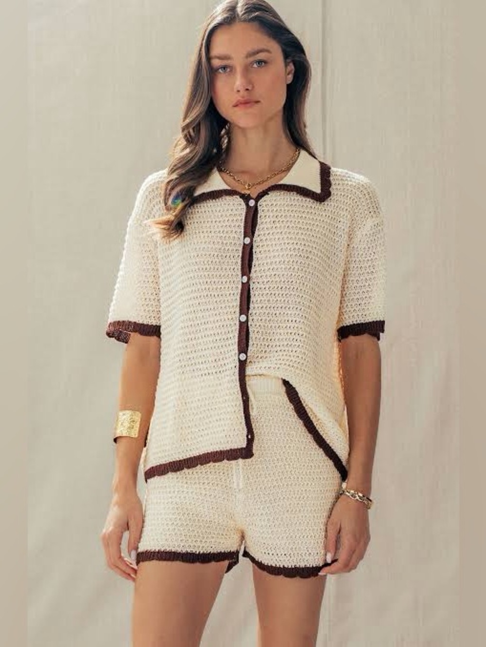 NWT SET Size M/L Urban Daizy Cream & Brown Crochet Short Set - Shorts Lined